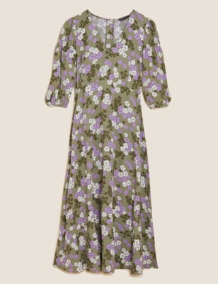 Floral V-Neck Puff Sleeve Midi Tea ...