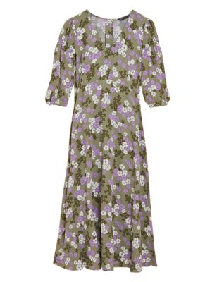 Womens M&S Collection Floral V-Neck Puff Sleeve Midi Tea Dress - Multi