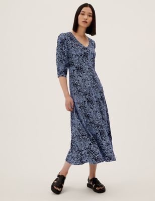 Womens M&S Collection Animal Print Puff Sleeve Midi Tea Dress - Blue Mix, Blue Mix