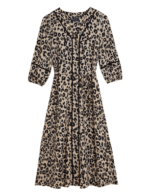 Womens M&S Collection Animal Print V-Neck Midi Smock Dress - Natural Mix