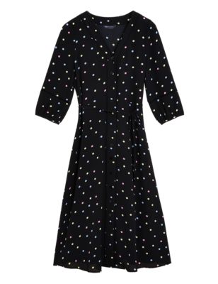 Womens M&S Collection Polka Dot Lace Insert Belted Midi Dress - Black Mix