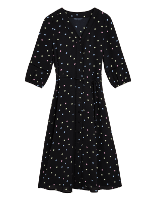 

Womens M&S Collection Polka Dot Lace Insert Belted Midi Dress - Black Mix, Black Mix