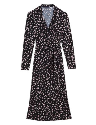 Womens M&S Collection Printed Collared Midi Wrap Dress - Black Mix