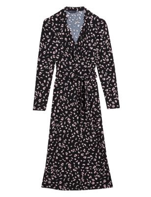 Womens M&S Collection Printed Collared Midi Wrap Dress - Black Mix