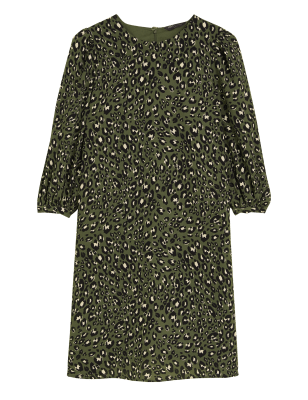 Womens M&S Collection Animal Print Puff Sleeve Swing Dress - Khaki Mix