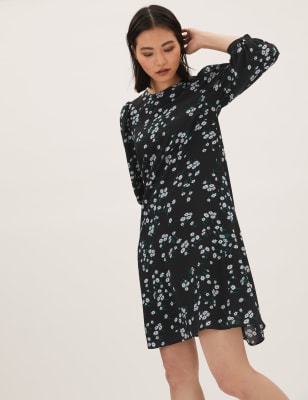 Floral Puff Sleeve Knee Length Swing Dress