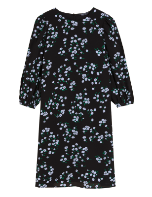 

Womens M&S Collection Floral Puff Sleeve Knee Length Swing Dress - Black Mix, Black Mix