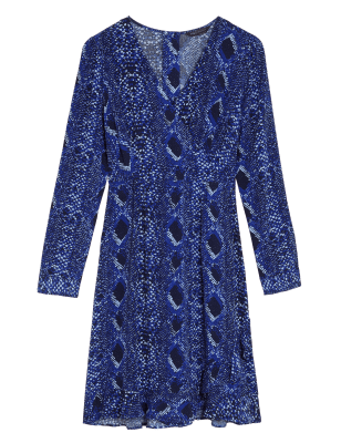 

Womens M&S Collection Snake Print V-Neck Knee Length Wrap Dress - Blue Mix, Blue Mix