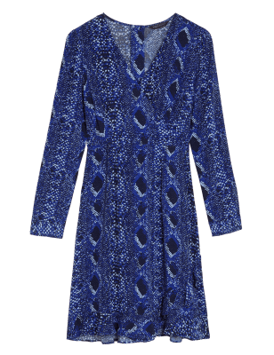 Womens M&S Collection Snake Print V-Neck Knee Length Wrap Dress - Blue Mix