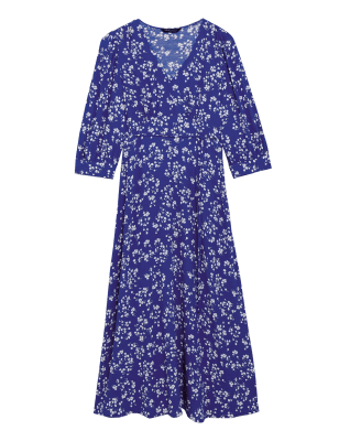 

Womens M&S Collection Geblümtes Midi-Teekleid mit V-Ausschnitt - Blue Mix, Blue Mix