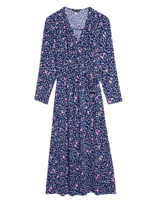 

Womens M&S Collection Ditsy Floral V-Neck Midi Wrap Dress - Blue Mix, Blue Mix