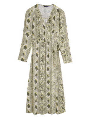 Womens M&S Collection Snake Print V-Neck Midi Wrap Dress - Natural Mix