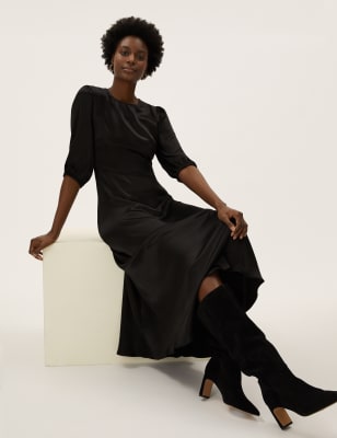 

M&S Collection Vestido de tarde maxi a media pierna de manga abullonada de saténWomens - Black, Black