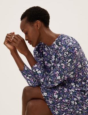 

Womens M&S Collection Knielanges Etuikleid mit Puffärmeln und Blumenmuster - Purple Mix, Purple Mix