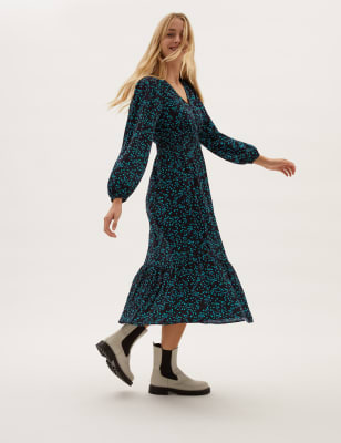 

Womens M&S Collection Vestido a la cintura a media pierna floral - Green Mix, Green Mix