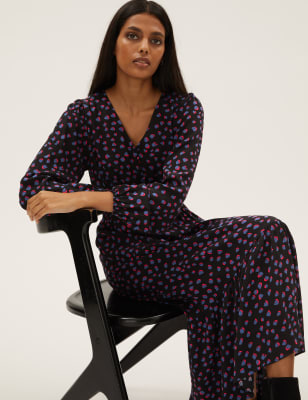 

M&S Collection Vestido a media pierna a la cintura de escote en pico con estampado de toposWomens - Black Mix, Black Mix