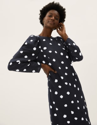 

M&S Collection Vestido recto de manga abullonada de toposWomens - Black Mix, Black Mix