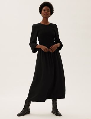 

Womens M&S Collection Shirred Midi Smock Dress - Black, Black