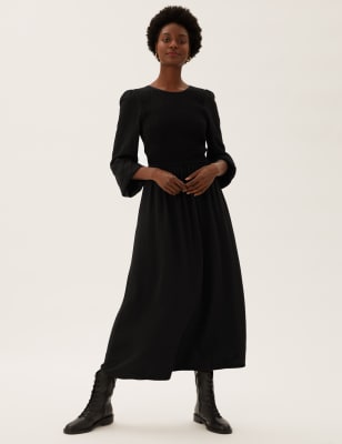 

Womens M&S Collection Shirred Midi Smock Dress - Black, Black