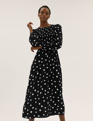 

Womens M&S Collection Polka Dot Shirred Midi Smock Dress - Black Mix, Black Mix
