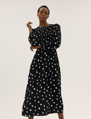 

Womens M&S Collection Polka Dot Shirred Midi Smock Dress - Black Mix, Black Mix