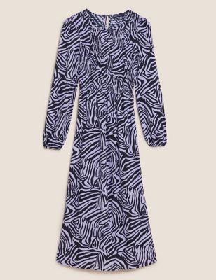 M&S Womens Animal Print Shirred Midi Smock Dress