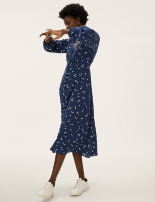 

Womens M&S Collection Durchgeknöpftes Midi-Teekleid mit Punktmuster - Navy Mix, Navy Mix