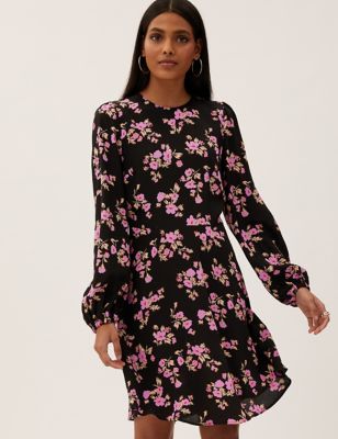 

Womens M&S Collection Floral Puff Sleeve Mini Tea Dress - Black Mix, Black Mix