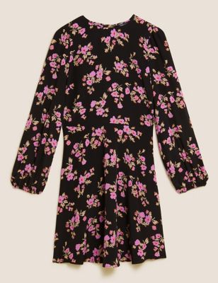 M&S Womens Floral Puff Sleeve Mini Tea Dress