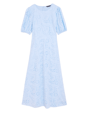 

Womens M&S Collection Cotton Rich Broderie Midaxi Tea Dress - Blue, Blue