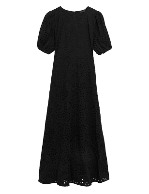 

Womens M&S Collection Midaxi-Teekleid mit Lochstickerei und hohem Baumwollanteil - Black, Black