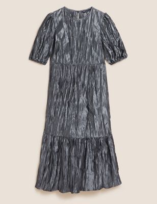 M&S Womens Textured Puff Sleeve Midi Tiered Dress
