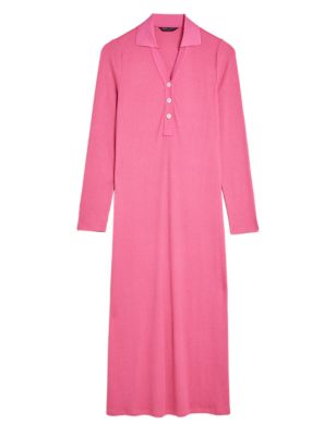 Womens M&S Collection Ribbed V-Neck Midi Column Dress - Pink