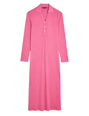 Womens M&S Collection Ribbed V-Neck Midi Column Dress - Pink