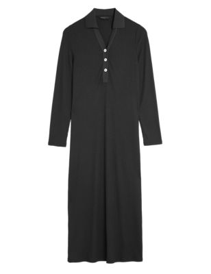 Womens M&S Collection Ribbed V-Neck Midi Column Dress - Black