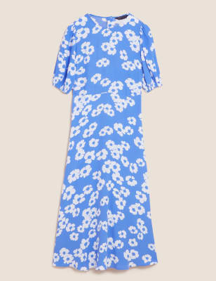 

Womens M&S Collection Floral Round Neck Midaxi Tea Dress - Blue Mix, Blue Mix