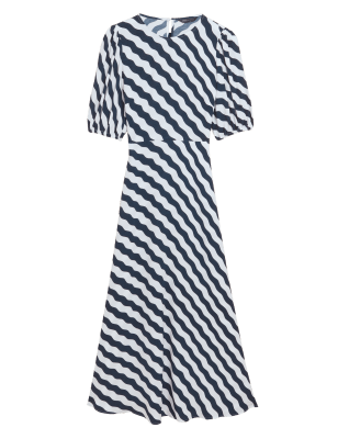 

M&S Collection Vestido de tarde maxi a media pierna de manga abullonada de rayasWomens - Navy Mix, Navy Mix