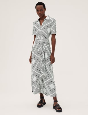 

M&S Collection Vestido camisero maxi a media pierna con lazo delantero y diseño geométricoWomens - Ivory Mix, Ivory Mix