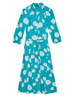 Womens M&S Collection Floral Belted Puff Sleeve Midi Shirt Dress - Green Mix