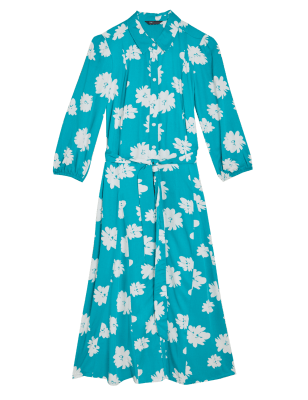 

M&S Collection Vestido camisero floral a media pierna de manga abullonada con cinturónWomens - Green Mix, Green Mix