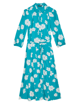 Womens M&S Collection Floral Belted Puff Sleeve Midi Shirt Dress - Green Mix