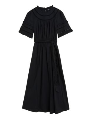 

Womens M&S Collection Pure Cotton Belted Midi Waisted Dress - Black, Black