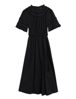 

Womens M&S Collection Tailliertes Midi-Kleid aus reiner Baumwolle mit Gürtel - Black, Black