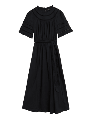 

Womens M&S Collection Pure Cotton Belted Midi Waisted Dress - Black, Black