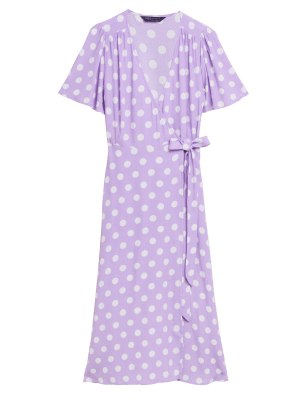 

Womens M&S Collection Polka Dot V-Neck Midi Wrap Dress - Lilac Mix, Lilac Mix