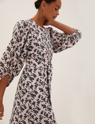 

Womens M&S Collection Schmales Midikleid mit Gürtel und Blumenmuster - Ivory Mix, Ivory Mix