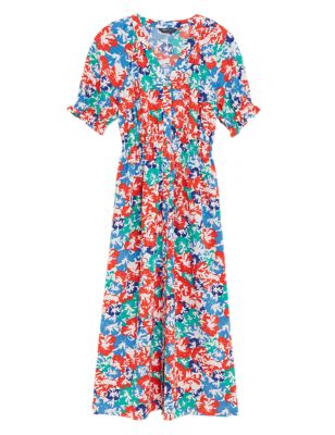 Womens M&S Collection Floral V-Neck Shirred Midi Waisted Dress - Multi
