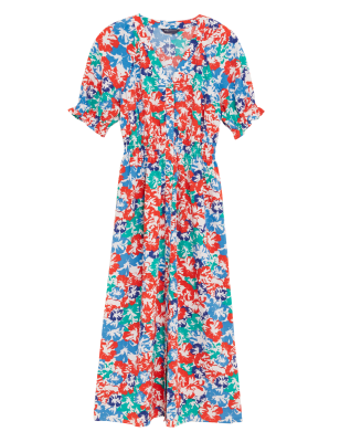 Womens M&S Collection Floral V-Neck Shirred Midi Waisted Dress - Multi