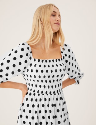 

Womens M&S Collection Polka Dot Square Neck Shirred Midaxi Dress - Ivory Mix, Ivory Mix