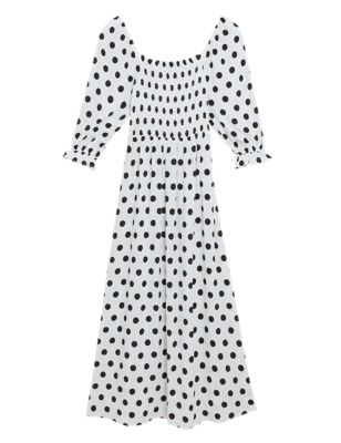 

Womens M&S Collection Polka Dot Square Neck Shirred Midaxi Dress - Ivory Mix, Ivory Mix